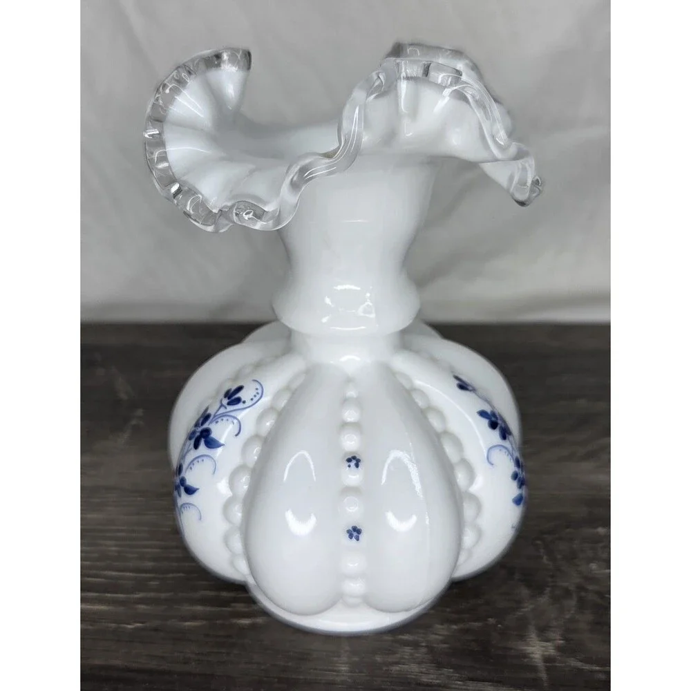 Fenton Elizabeth Silver Crest Beaded Melon Vase Blue Flowers 6